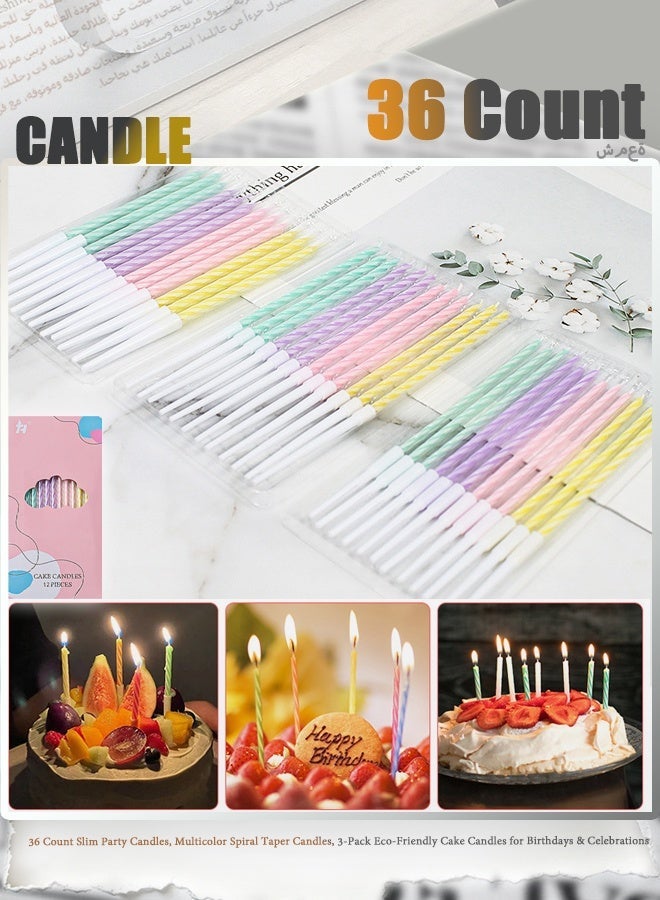 36 Count Slim Party Candles, Multicolor Spiral Taper Candles, 3-Pack Eco-Friendly Cake Candles for Birthdays & Celebrations - Image 1