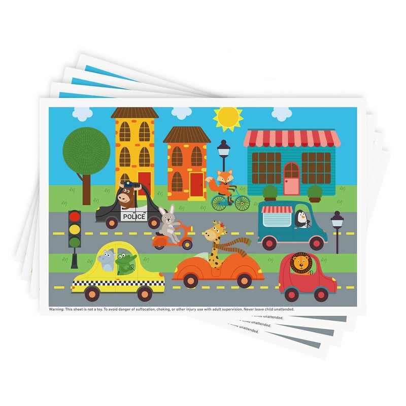 Babebay Disposable Stickon Placemats 40 Pack for Baby Kids Toddler Placemats in Reusable Pouch 12 x 18 Multicolor Animals Driving Cars