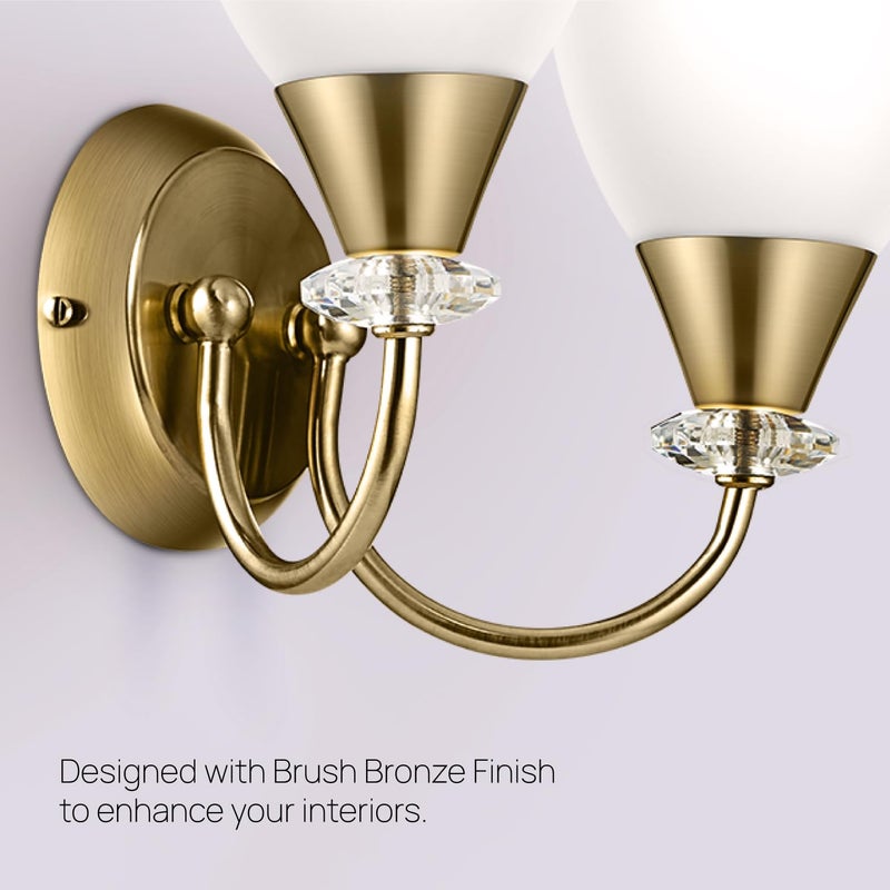 wipro BeuHome Double Wall Light BW06 | Premium Indoor Decorative Light with White Frosted Glass | Contemporary Sleek Design | Surface Mounted Classic Wall Light | E27 (2H, Brush Bronze) - Image 5