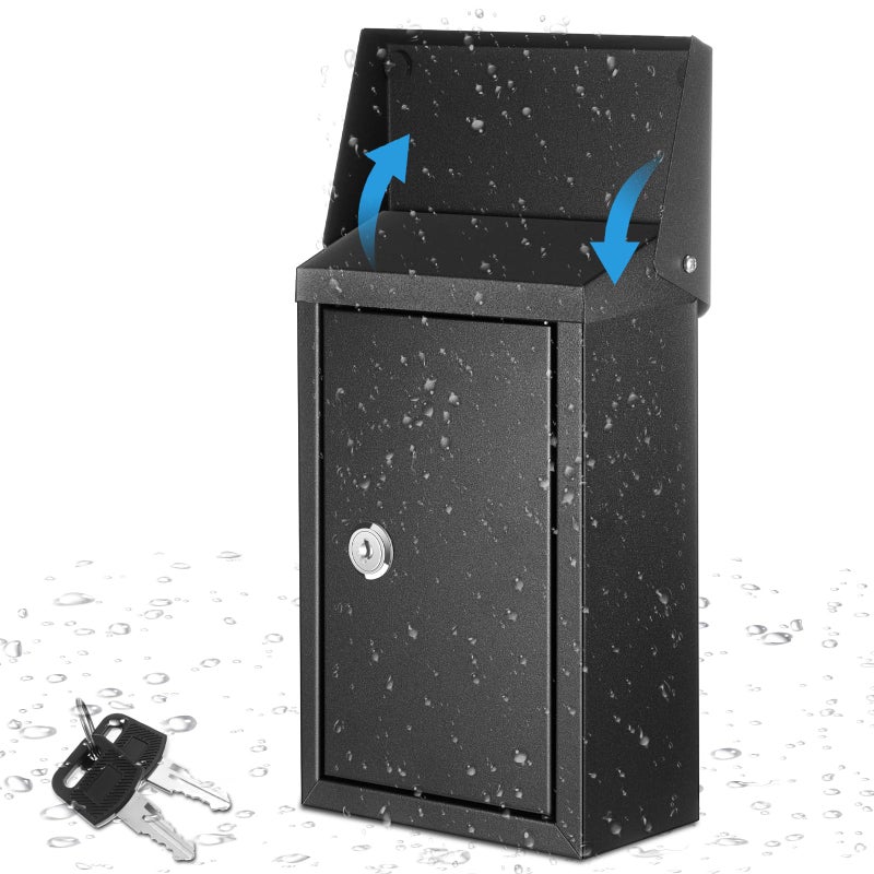 Yaocom Metal Locking Mailbox Wall Mount Key Drop Mailbox for Outside Suggestion Box Money Box Donation Box for Cash Hanging Secure Postbox with 2 Keys Office GardenBalck10 x 55 x 3