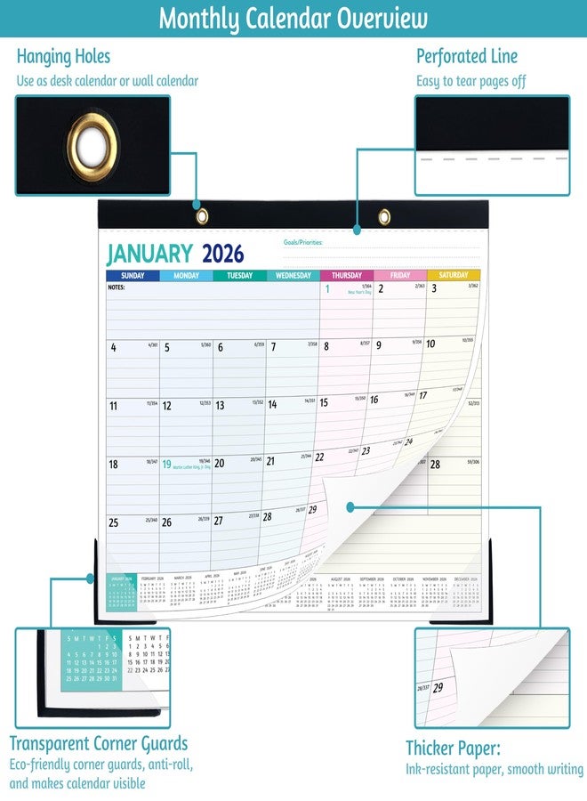 BowCuk 2026 Desk Calendar - Jan 2026 - Dec 2026, 12 Monthly Calendar, Large Desk Calendar 2026, 14.6’’ x 11.5’’, Best Desk/Wall Calendar with To-do Lists, Desk Pad, Ruled Blocks, Corner Protectors - Image 5