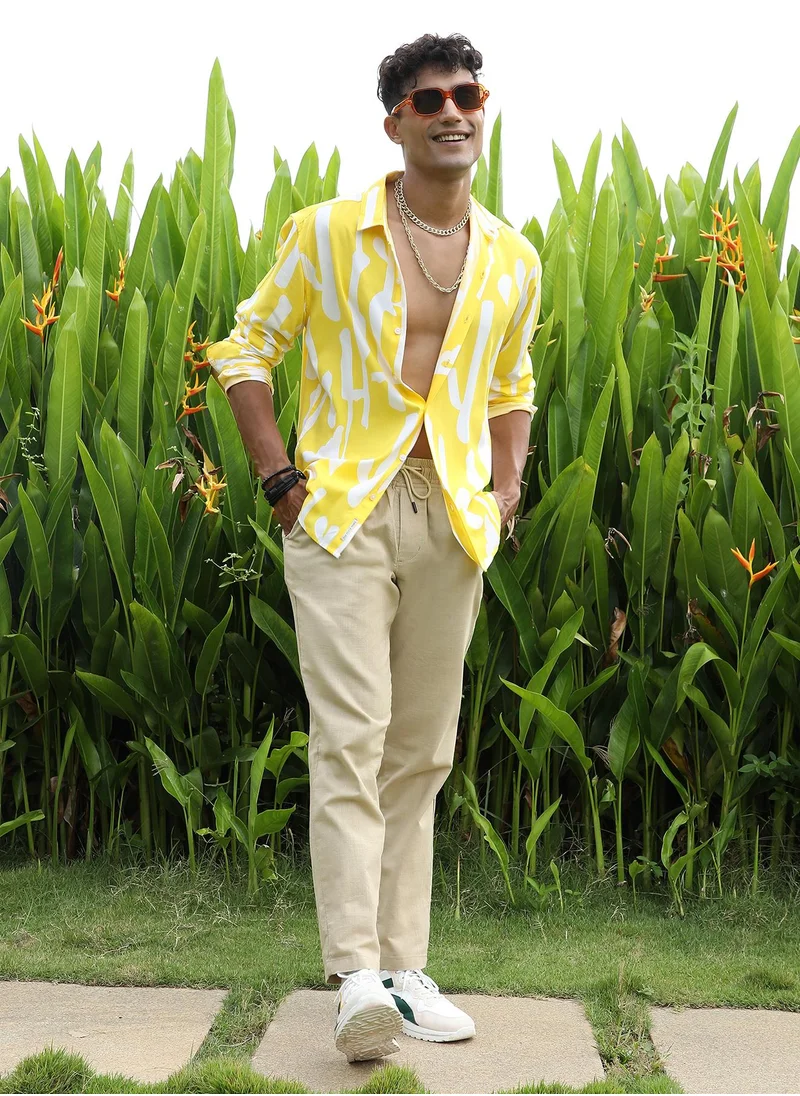 Campus Sutra Men's Lemon Yellow Abstract Print Shirt