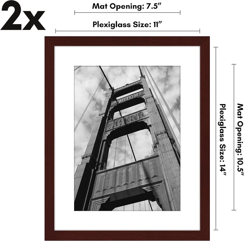 Americanflat 11x14 Picture Frame with Polished Plexiglass - Set of 2 - Use as 8x11 Frame with Mat or 11x14 Frame Without Mat - Galleria Collection - Photo Frames for Wall Display - Mahogany - Image 2