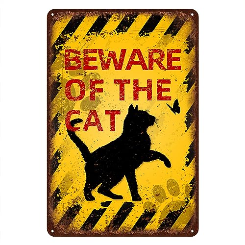 kengtou Vintage Cat Metal Sign Beware of Cat Aluminum Sign Funny Beware Animal Decor 12"x8" Inch - Image 1