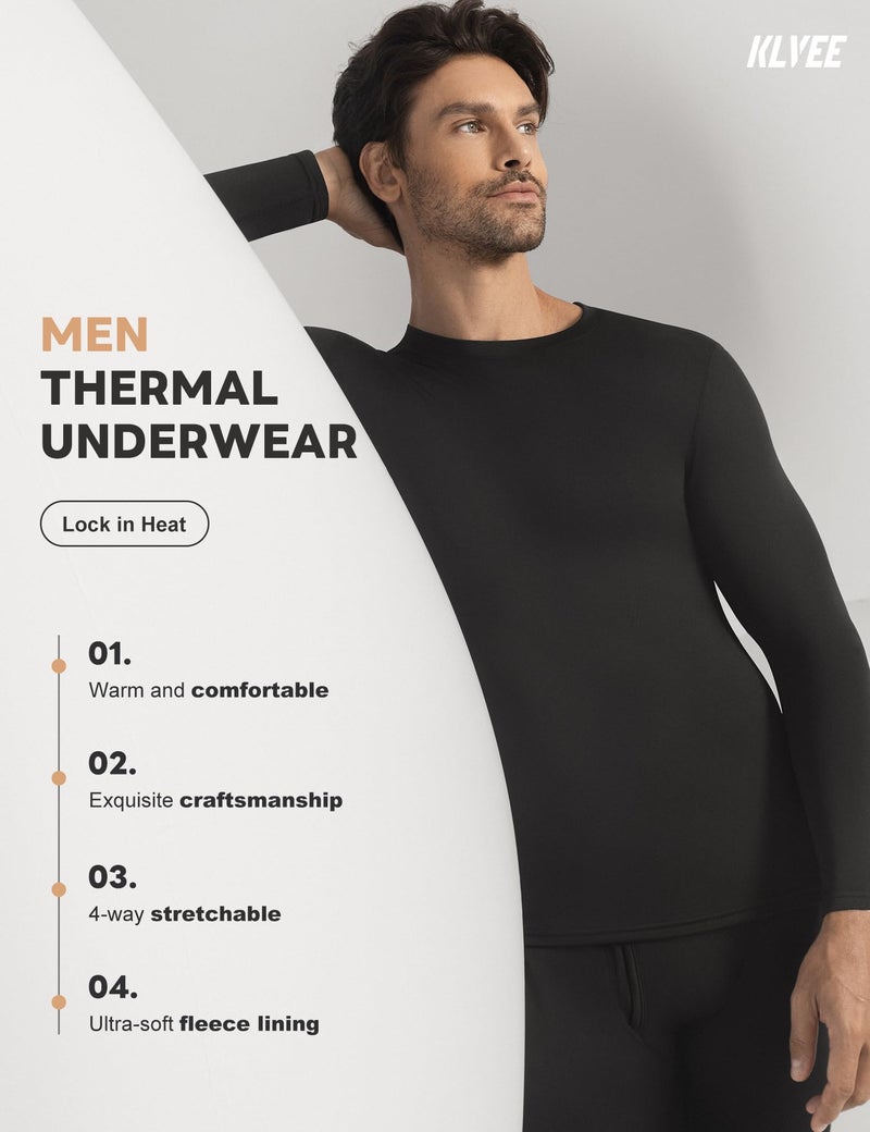 KLVEE Long Johns Thermal Underwear for Men with Fleece Lined,Base Layer Top and Bottom Set for Cold Weather Black - Image 2