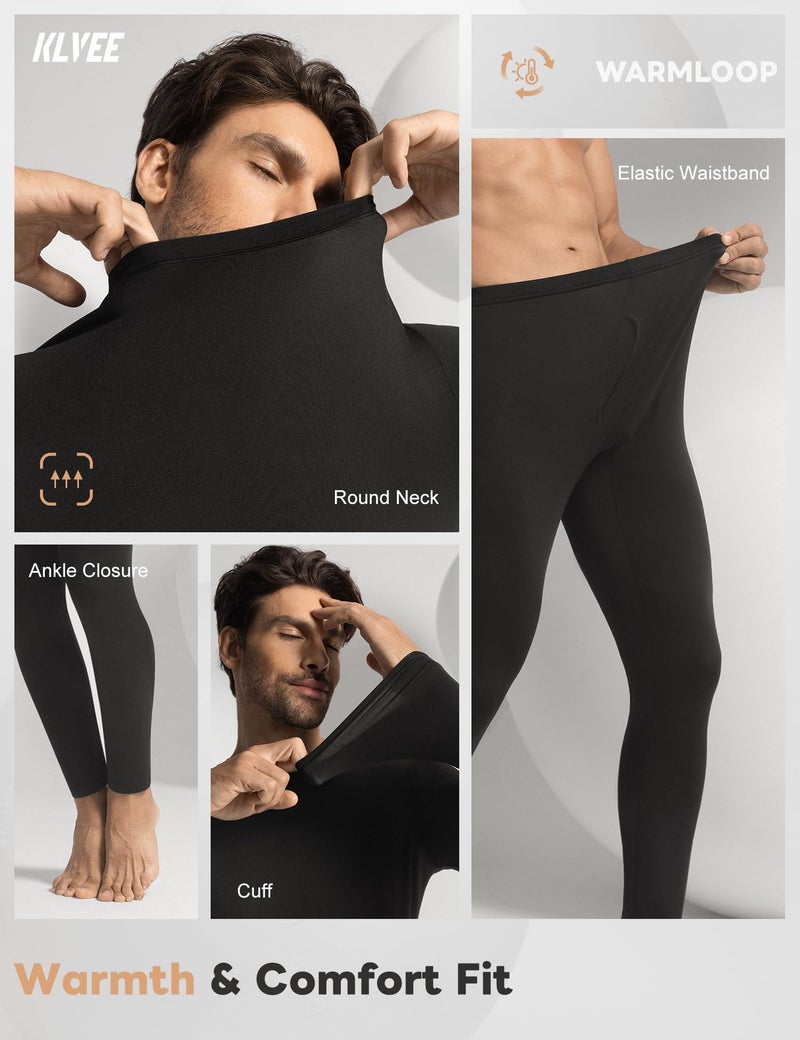 KLVEE Long Johns Thermal Underwear for Men with Fleece Lined,Base Layer Top and Bottom Set for Cold Weather Black - Image 3
