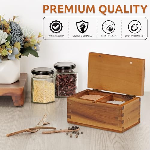Demigo Acacia Wood Salt Cellar with Magnetic Flip Lid - 20 oz Large Capacity Salt Box for Kitchen - Keeps Spices, Herbs & Seasonings Fresh (Natural Brown) - Image 3