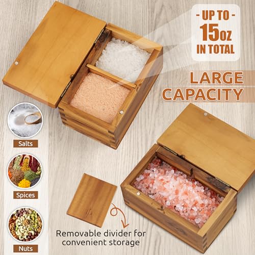Demigo Acacia Wood Salt Cellar with Magnetic Flip Lid - 20 oz Large Capacity Salt Box for Kitchen - Keeps Spices, Herbs & Seasonings Fresh (Natural Brown) - Image 4