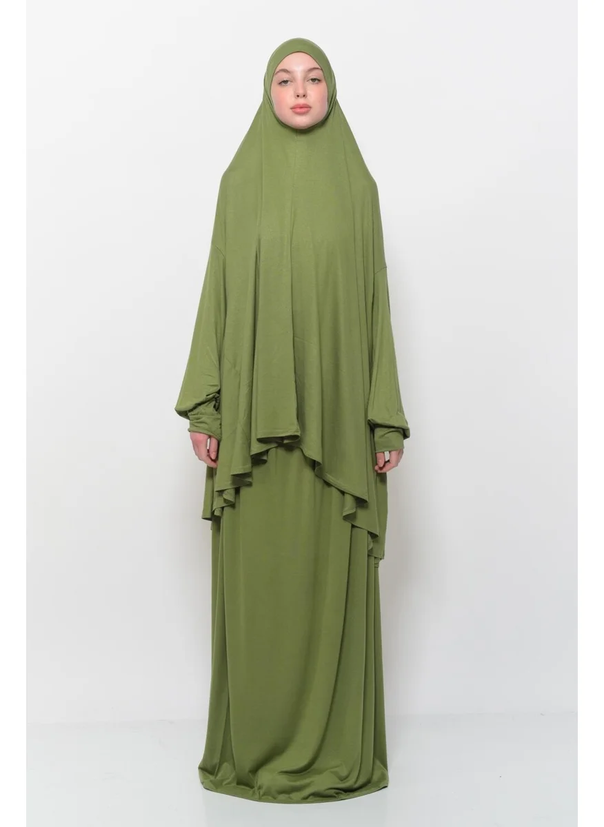 التوبة Practical Two Piece Cotton Bat Sleeves Organic Hijab Prayer Dress with Headscarf - Pistachio Green