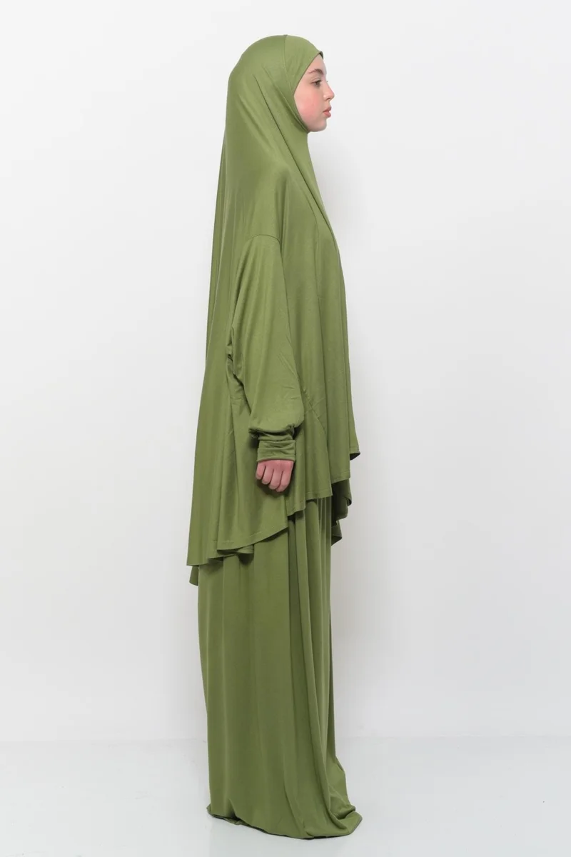 التوبة Practical Two Piece Cotton Bat Sleeves Organic Hijab Prayer Dress with Headscarf - Pistachio Green