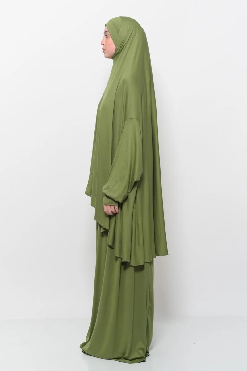 التوبة Practical Two Piece Cotton Bat Sleeves Organic Hijab Prayer Dress with Headscarf - Pistachio Green