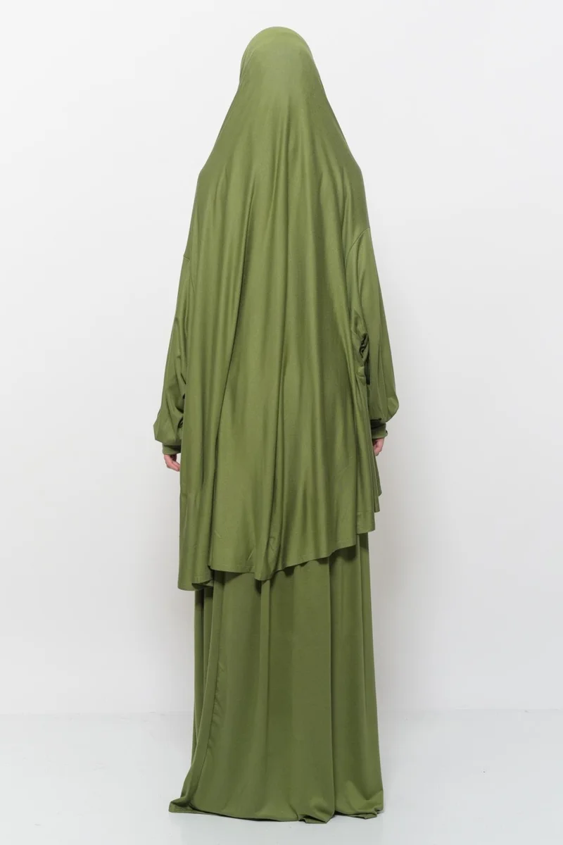 التوبة Practical Two Piece Cotton Bat Sleeves Organic Hijab Prayer Dress with Headscarf - Pistachio Green