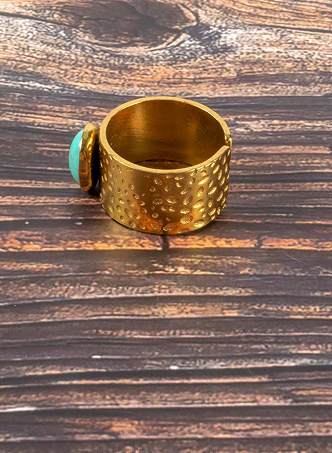 The Black Pearl Accessories Stainless Steel Golden Free Size Ring with Turquoise Stone  - Image 2
