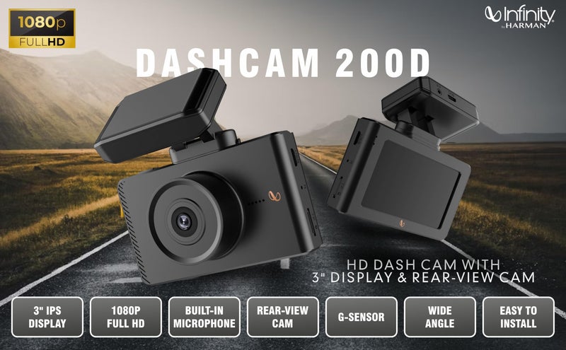 Infinity By Harman Dashcam 200D Dual HD Car Camera | 1080p Full HD Video & 3" IPS Display | Includes Rear-View Cam,| Built-in Microphone| Loop Recording, Supports SD Card (Black) - Image 3