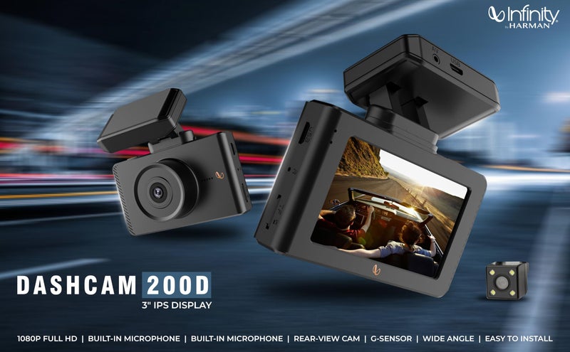 Infinity By Harman Dashcam 200D Dual HD Car Camera | 1080p Full HD Video & 3" IPS Display | Includes Rear-View Cam,| Built-in Microphone| Loop Recording, Supports SD Card (Black) - Image 4