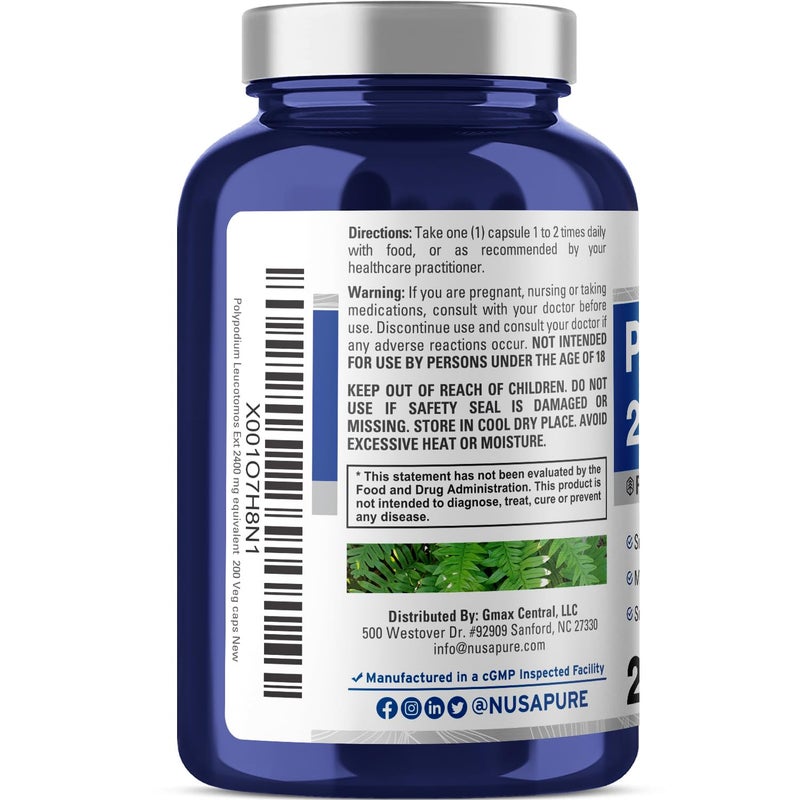 NusaPure Polypodium Leucotomos Extract 2400mg 200 Veggie Capsules (Vegetarian, Non-GMO, Vegan) - Image 3