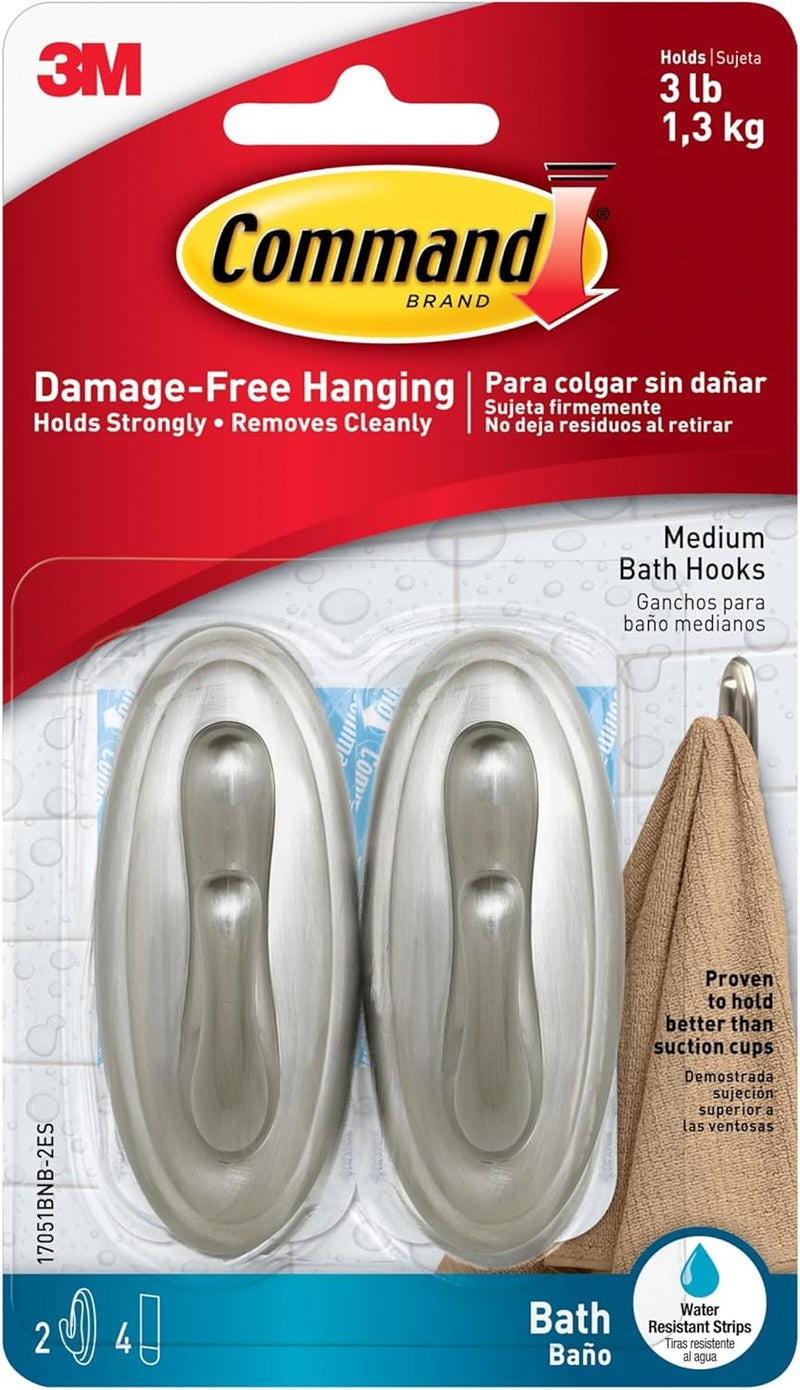 Command Medium Bath Hooks, Holds up to 3 lb, 2 Shower Hooks, 4 Water Resistant Strips, Brushed Nickel Colored, Damage Free Bathroom Organization for Robes, Towels, or Loofahs - Image 2
