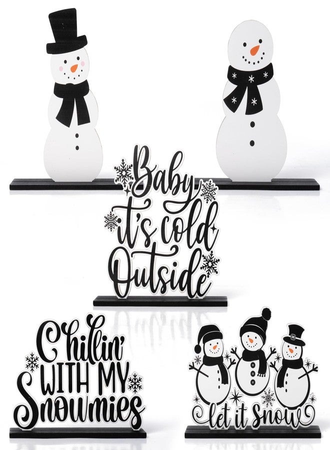 CPicdn 5Pcs Winter Christmas Tiered Tray Decor Centerpieces, Snowman Snowflakes Wood Sign Farmhouse Rustic Table Topper Decoration Black White Let It Snow Holiday Supplies for Home Office Desk Shelf - Image 1