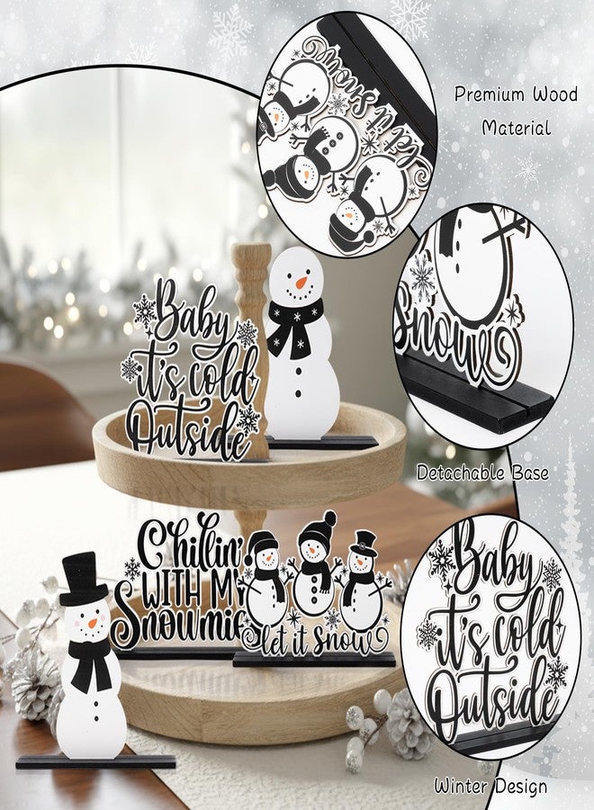 CPicdn 5Pcs Winter Christmas Tiered Tray Decor Centerpieces, Snowman Snowflakes Wood Sign Farmhouse Rustic Table Topper Decoration Black White Let It Snow Holiday Supplies for Home Office Desk Shelf - Image 3