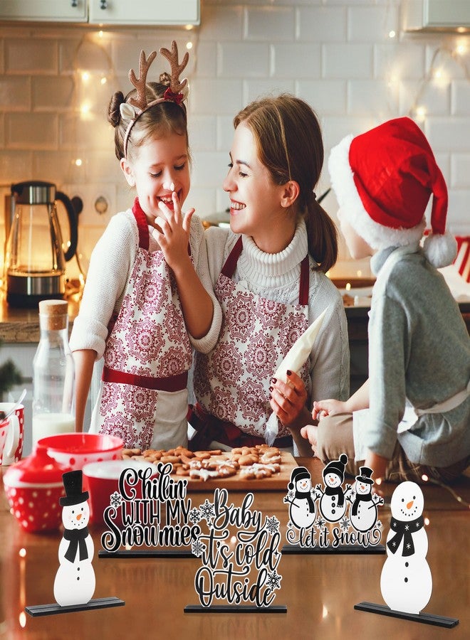 CPicdn 5Pcs Winter Christmas Tiered Tray Decor Centerpieces, Snowman Snowflakes Wood Sign Farmhouse Rustic Table Topper Decoration Black White Let It Snow Holiday Supplies for Home Office Desk Shelf - Image 4