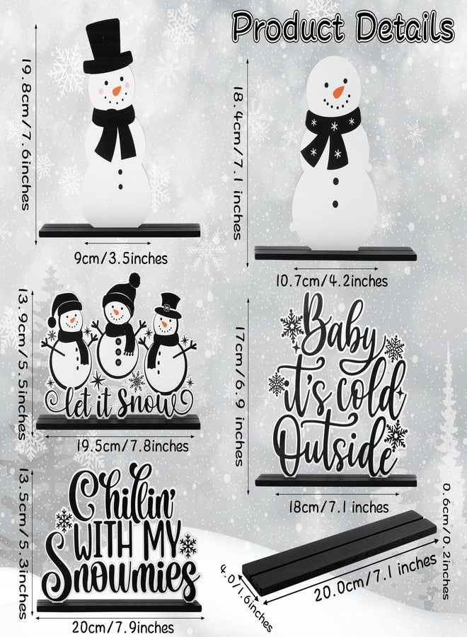 CPicdn 5Pcs Winter Christmas Tiered Tray Decor Centerpieces, Snowman Snowflakes Wood Sign Farmhouse Rustic Table Topper Decoration Black White Let It Snow Holiday Supplies for Home Office Desk Shelf - Image 2