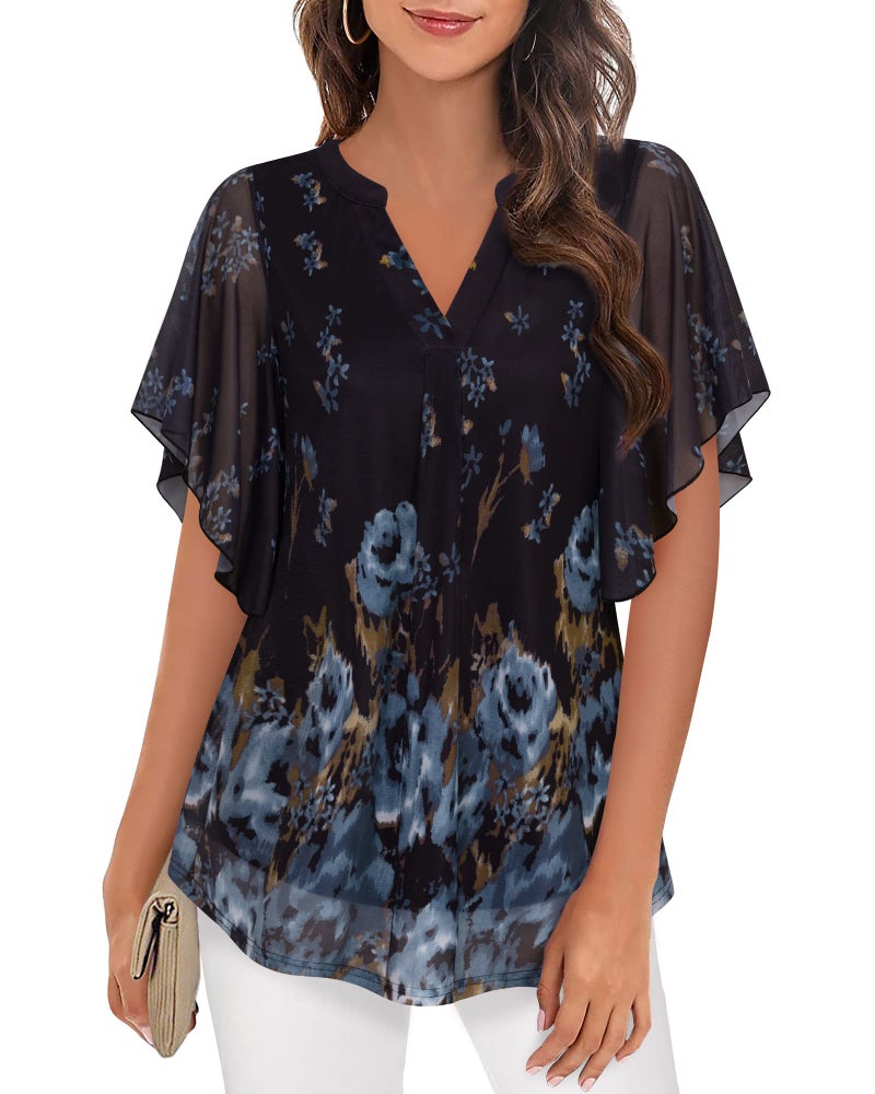 Timeson Womens Tops Dressy Casual: Summer Black Womens Short Sleeve Blouses Work Office Plus Size Tunic Tops for Leggings Flattering V Neck Loose Floral Ladies Shirts Flowy Spring Tops Hide Belly - Image 1
