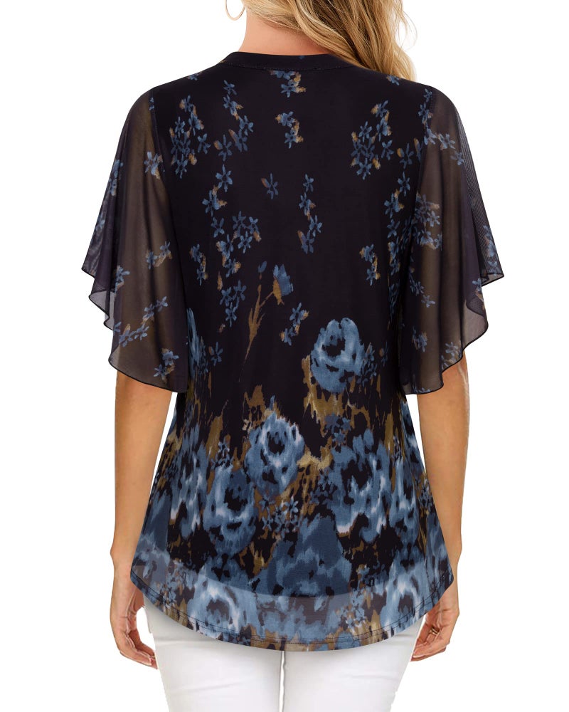 Timeson Womens Tops Dressy Casual: Summer Black Womens Short Sleeve Blouses Work Office Plus Size Tunic Tops for Leggings Flattering V Neck Loose Floral Ladies Shirts Flowy Spring Tops Hide Belly - Image 3