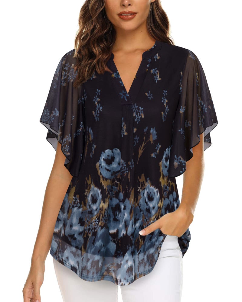 Timeson Womens Tops Dressy Casual: Summer Black Womens Short Sleeve Blouses Work Office Plus Size Tunic Tops for Leggings Flattering V Neck Loose Floral Ladies Shirts Flowy Spring Tops Hide Belly - Image 2