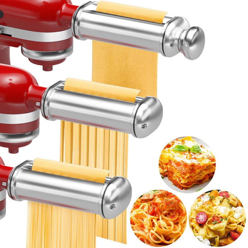 Pasta Maker Attachment for All Kitchenaid Stand Mixers 3 PCS Kitchen Aid Pasta Attachments Included Pasta Dough Roller Fettuccine Cutter Spaghetti Cutter and Cleaning Brush
