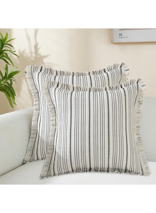 CLENEA Striped Pillow Covers with Fringe, Chic Cotton Linen Khaki Throw Pillow Covers 16x16 Set of 2 Decorative Pillows Square Cushion Covers for Sofa Couch Bed Living Room Farmhouse Boho Decor (black) - Image 1