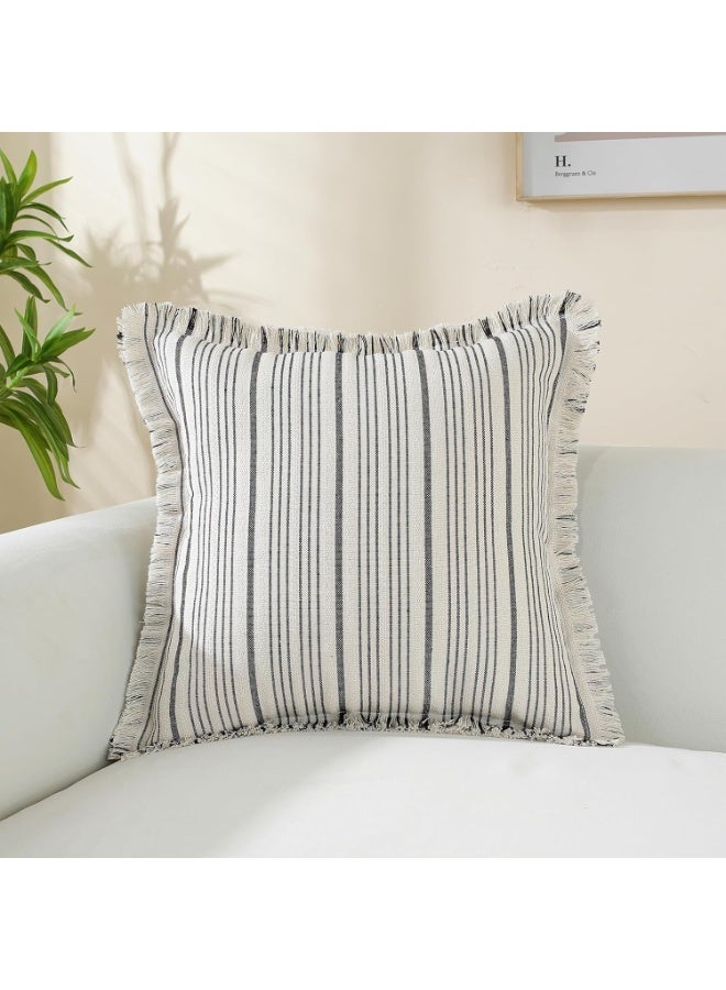 CLENEA Striped Pillow Covers with Fringe, Chic Cotton Linen Khaki Throw Pillow Covers 16x16 Set of 2 Decorative Pillows Square Cushion Covers for Sofa Couch Bed Living Room Farmhouse Boho Decor (black) - Image 2