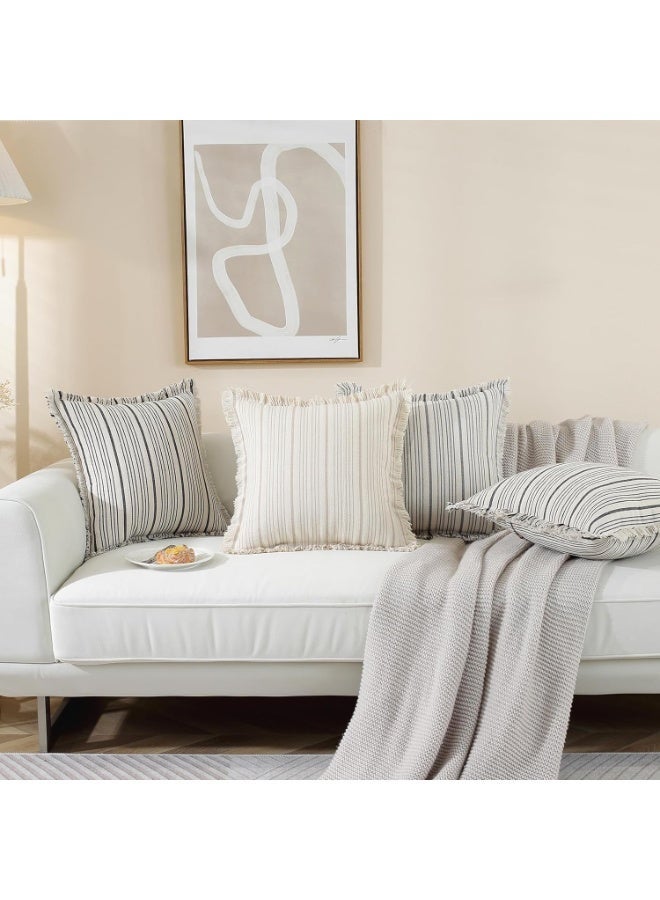 CLENEA Striped Pillow Covers with Fringe, Chic Cotton Linen Khaki Throw Pillow Covers 16x16 Set of 2 Decorative Pillows Square Cushion Covers for Sofa Couch Bed Living Room Farmhouse Boho Decor (black) - Image 3