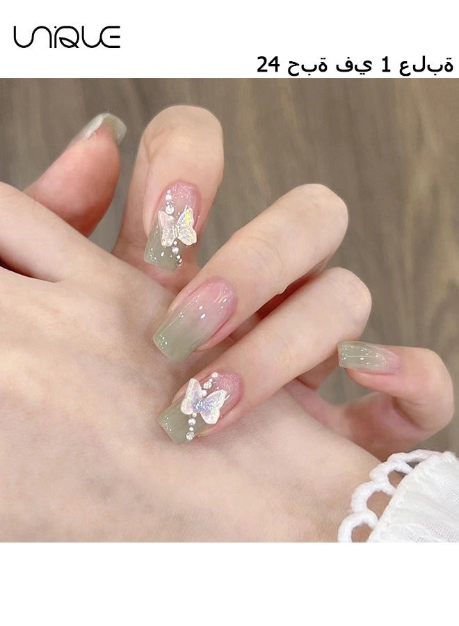 Unique 24Pcs Fake Nails, Press Nails, Mid-length Ballet Manicure - Gradient Green Manicure - Three-dimensional Pearl Butterfly Manicure - Fake Nail Patch - Image 1