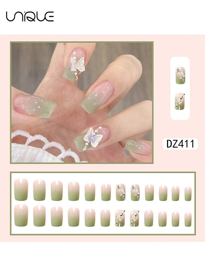Unique 24Pcs Fake Nails, Press Nails, Mid-length Ballet Manicure - Gradient Green Manicure - Three-dimensional Pearl Butterfly Manicure - Fake Nail Patch - Image 2