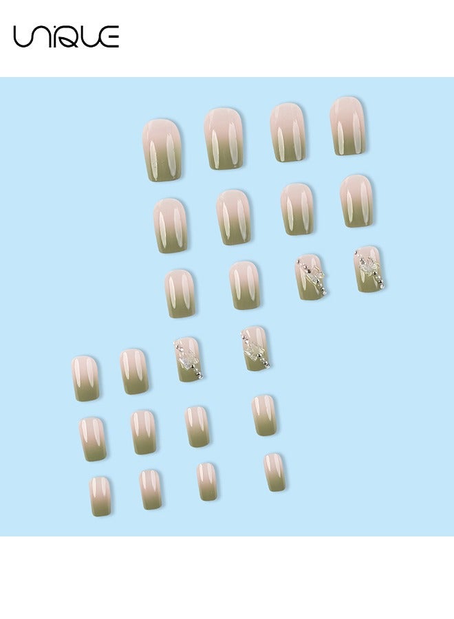 Unique 24Pcs Fake Nails, Press Nails, Mid-length Ballet Manicure - Gradient Green Manicure - Three-dimensional Pearl Butterfly Manicure - Fake Nail Patch - Image 5