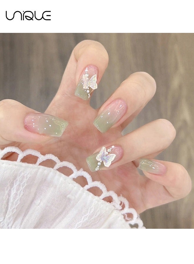Unique 24Pcs Fake Nails, Press Nails, Mid-length Ballet Manicure - Gradient Green Manicure - Three-dimensional Pearl Butterfly Manicure - Fake Nail Patch - Image 3