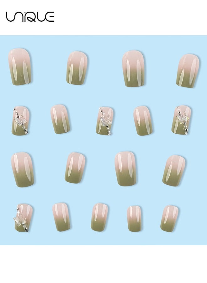 Unique 24Pcs Fake Nails, Press Nails, Mid-length Ballet Manicure - Gradient Green Manicure - Three-dimensional Pearl Butterfly Manicure - Fake Nail Patch - Image 4