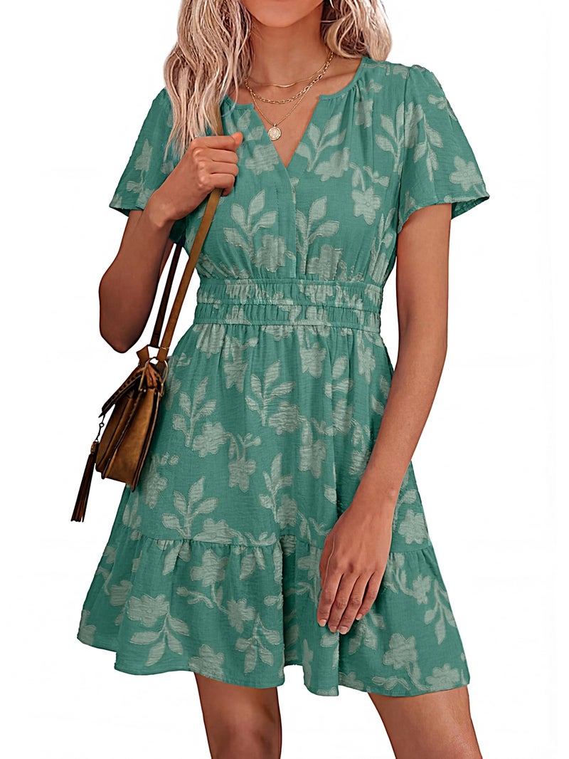 Simplee Womens Summer Floral Dress - Casual Short Sleeve V Neck Empire Waist Boho Flowy A Line Mini Wedding Guest Dresses,Teal S - Image 1
