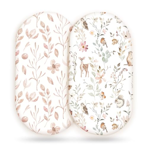 Stretchy Ultra Soft Fitted Bassinet Sheet Set 2 Pack Universal Fit for Bassinets Baby Cradle Moses Basket Oval Rectangle Mattress Safe and Snug Beautiful Blush Pink Floral and Cute Animals Print