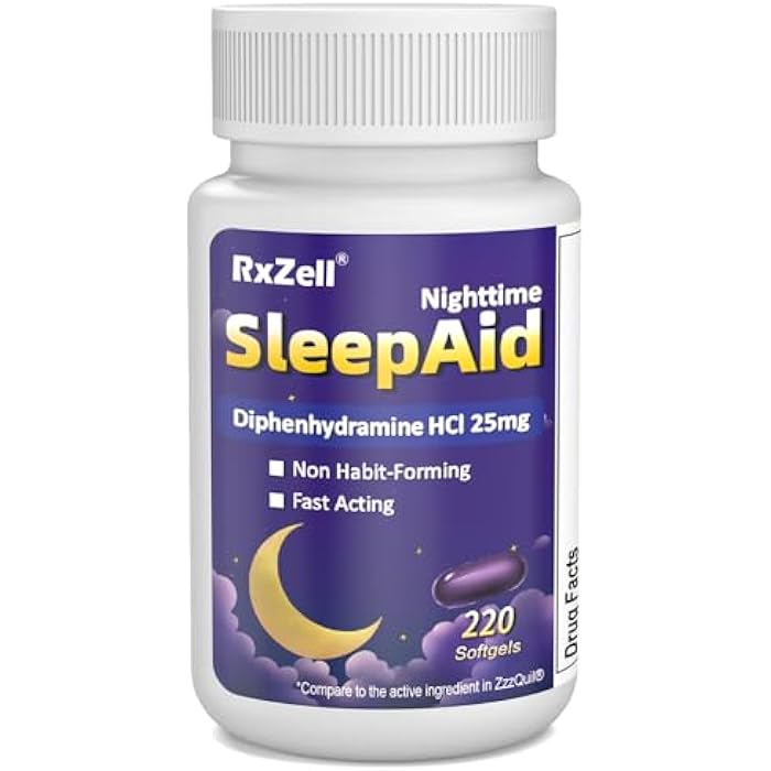 RXZELL Sleep Aid, Diphenhydramine HCl 25mg, 220 Softgels - Fall Asleep Faster, Deeper Restful Sleeping, Non Habit-Forming - Image 1