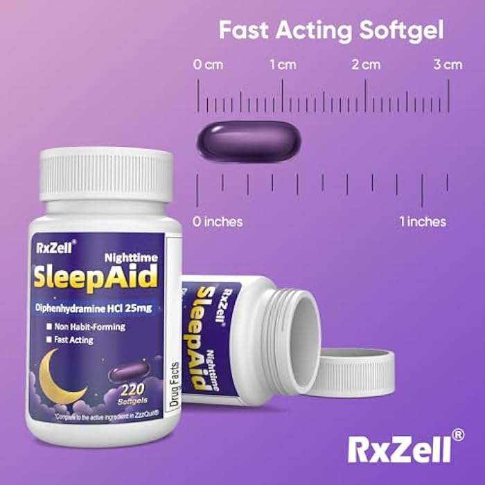 RXZELL Sleep Aid, Diphenhydramine HCl 25mg, 220 Softgels - Fall Asleep Faster, Deeper Restful Sleeping, Non Habit-Forming - Image 2