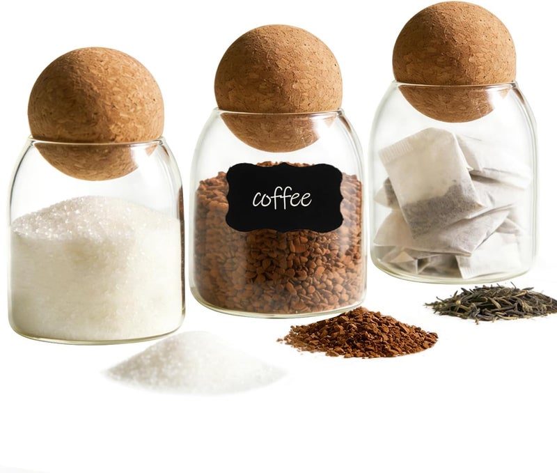 ComSaf 480 ml Storage Jars with Cork Lid, Set of 3 Glass with Cork Lid, Jars with Lids, Glass, Storage Jars Glass with Round Cork Closure, Glass Containers for Nuts, Flour, Sweets, Tea, Coffee - Image 1