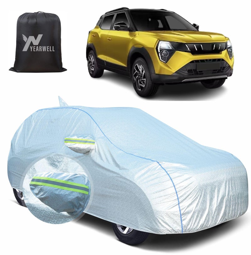 YEARWELL Car Body Cover for Mahindra XUV 3XO, 100% Waterproof, Heat-Resistant with Mirror & Antenna Pockets, Soft Cotton Lining, Triple Stitched, Green Reflector (Reflective Silver) - Image 1