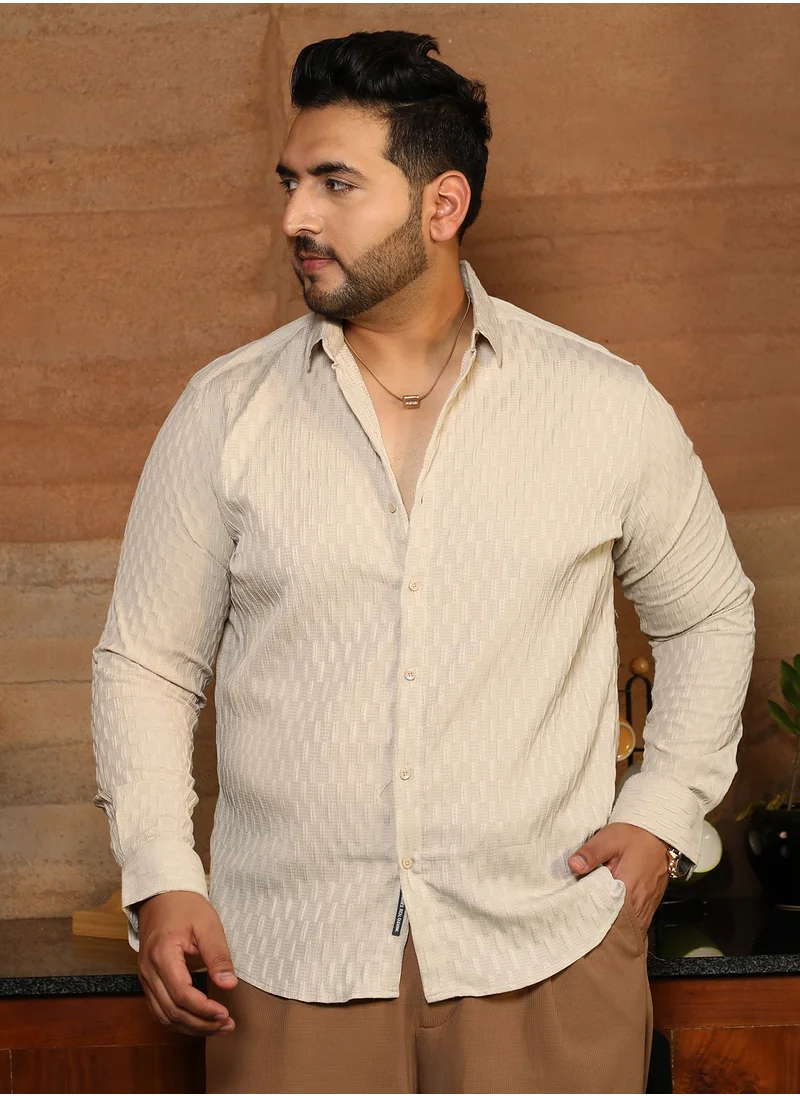 انستافاب بلس Instafab Plus Men's Ecru Beige Ruche-Tactile Shirt For Casual Wear | Spread Collar | Long Cuffed Sleeves | Button Closure | Plus Size Shirt Crafted With Comfort Fit For Everyday Wear