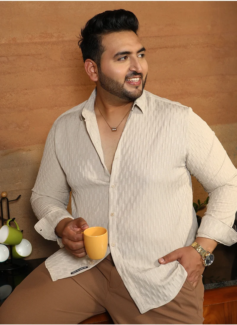 انستافاب بلس Instafab Plus Men's Ecru Beige Ruche-Tactile Shirt For Casual Wear | Spread Collar | Long Cuffed Sleeves | Button Closure | Plus Size Shirt Crafted With Comfort Fit For Everyday Wear