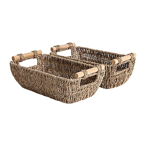 StorageWorks Small Baskets for Bathroom Seagrass Woven Basket with Wooden Handles for Gifts 2Pack - Image 1