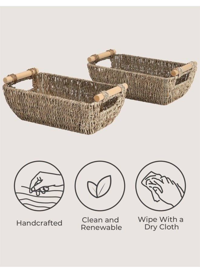 StorageWorks Small Baskets for Bathroom Seagrass Woven Basket with Wooden Handles for Gifts 2Pack - Image 4