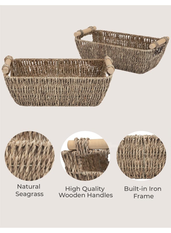 StorageWorks Small Baskets for Bathroom Seagrass Woven Basket with Wooden Handles for Gifts 2Pack - Image 3
