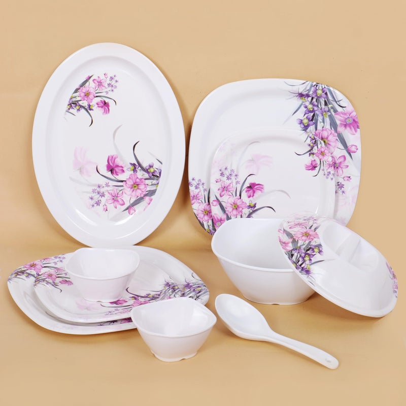 Home Pro هوم-برو - مجموعة عشاء مكونة من 34 قطعة من الميلامين، مقاومة للبقع، بتصميم جميل من الزهور الوردية والبنفسجية في شكل دائري حصري لمطبخ منزلك والهدايا - Image 1