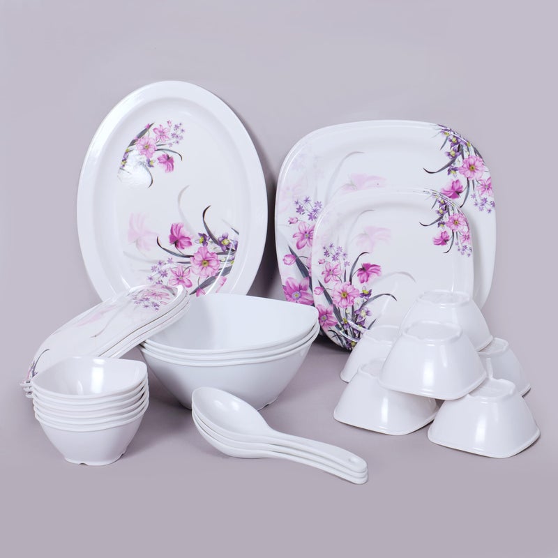 Home Pro هوم-برو - مجموعة عشاء مكونة من 34 قطعة من الميلامين، مقاومة للبقع، بتصميم جميل من الزهور الوردية والبنفسجية في شكل دائري حصري لمطبخ منزلك والهدايا - Image 4